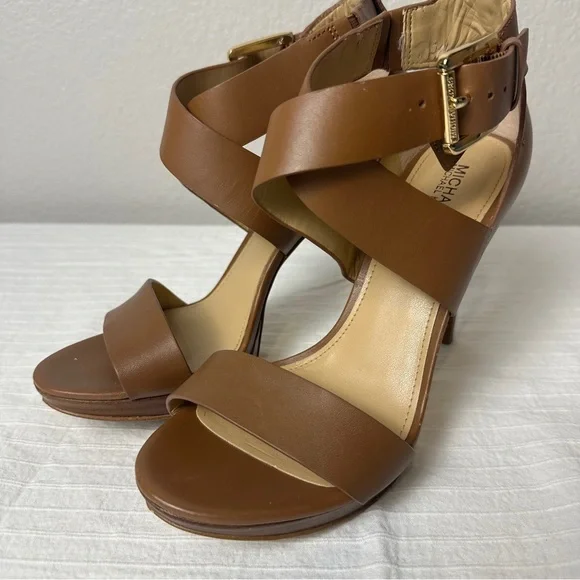 Michael Kors Brown Leather Strappy Stiletto Heels gold hardware - Picture 3 of 16